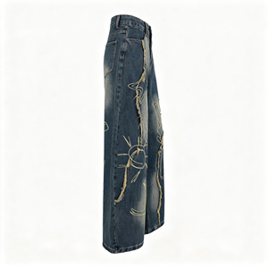 Vaqueros de mezclilla de cintura alta y pierna ancha - Bordados a mano con estrellas, lunas, sol y corazones, estilo vintage desgastado y deshilachado, streetwear, largos y holgados - Product Image 4
