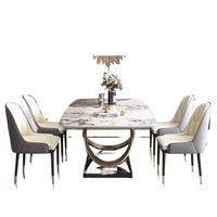 Antiker Italienischer Multifunktionaler Esstisch mit Marmorplatte, 6-Sitzer Luxus-Esszimmermöbel, Grau-Beige Stühle für den Essbereich
