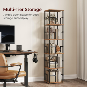 <b>Rotating</b> Metal & Wood 5-Tier Swivel <b>Bookshelf</b> Narrow Bookcase for Living Room Modern Design - Product Image 4