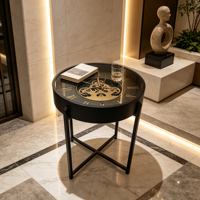 Table d'appoint décorative ronde avec horloge, cadre en métal noir, chiffres romains, pour salon et couloir