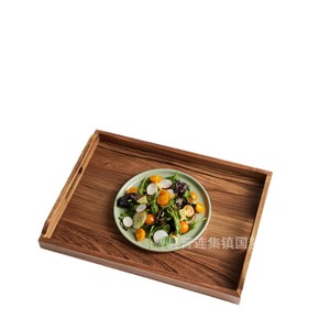Bandeja de servir rectangular de madera estilo japonés con asa para té, frutas y aperitivos, de madera maciza para uso en restaurantes. - Product Image 1