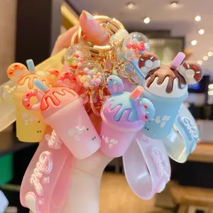 Mulheres Bag PVC Decoração Chaveiro com Correia de Pulso 3D Milk Tea Cup Bottle Donut Doll Car Keychain For Girls