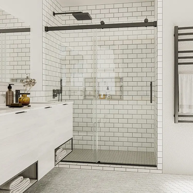 Custom Made Bathroom 2 Panel Glass Black Frameless Sliding Stall Shower Door With Hardware