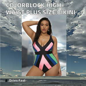 ชุดว่ายน้ำบิกินี่เอวสูงขายดี ไซส์ใหญ่ ลายพิมพ์สีสันตัดกัน ชุดวันพีซ 2 ชิ้น - Product Image 3