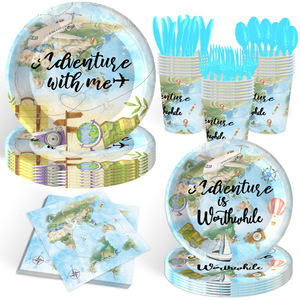 Ensemble de vaisselle de fête sur le thème du voyage, 60-80 pièces, assiettes en papier, serviettes, gobelets, décoration d'anniversaire, design d'aventure - Product Image 2