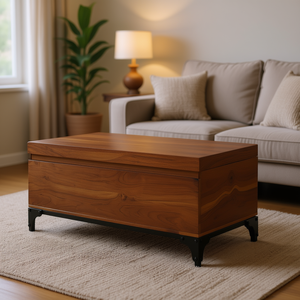 Table basse en bois d'acacia massif avec coffre de rangement, grande capacité de rangement, mobilier de salon, design rustique moderne - Product Image 2