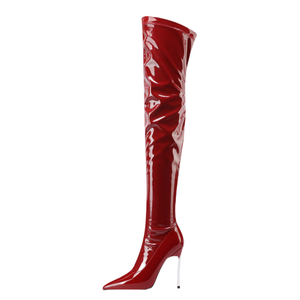 Bottes hautes pour femmes, grande taille 47, argentées, à talons fins, au-dessus du genou, en cuir verni, sexy, coupe large, style stiletto, bottines longues - Product Image 3
