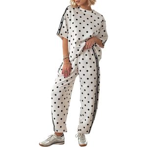 Conjunto de 2 Piezas para Mujer FOXA, Camiseta de Manga Corta con Estampado de Lunares y Pantalones con Rayas Laterales, Atuendo Casual Transpirable para Todas las Temporadas - Product Image 1