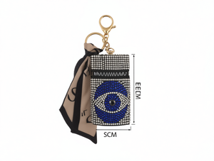 Borsa per Rossetto con Strass Occhi Blu 5x13cm, Portachiavi alla Moda con Perline e Decorazione a Sciarpa - Product Image 1