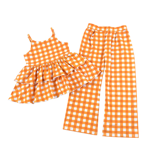 Vêtements d'été décontractés pour enfants personnalisés, ensemble haut et pantalon à carreaux, deux pièces, coton tissé respirant, ensembles de vêtements pour filles - Product Image 4