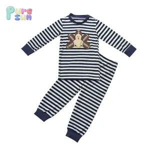 Puresun Toddler Boy Football turkey Appliqued 2 PCS Pajama Sets Wholesale Kids Smocked Holiday Boutique Clothing Cotton Pajamas