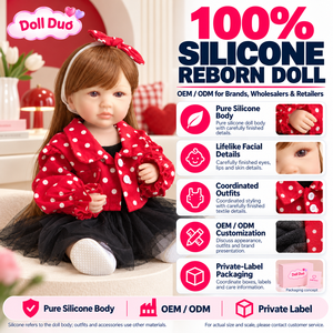 Muñeca Duo personalizada de 18 pulgadas, cuerpo completo de silicona, muñeca bebé Reborn, chaqueta roja con lunares, falda de tul negra, regalo de Navidad - Product Image 1