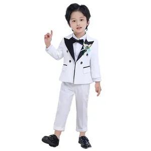 Bebek erkek beyaz ceket pantolon kravat 3 adet fotoğraf takım elbise çocuklar 1 yıl doğum günü seti çocuk düğün performans parti kostüm
