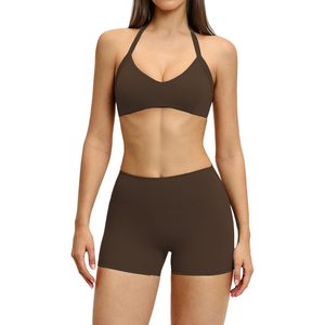 Women Two Piece Workout Set <b>Halter</b> Sports <b>Bra</b> High Waist Gym Shorts Yoga Athletic Clothes Sweat Wicking Breathable Quick Dry - Product Image 1