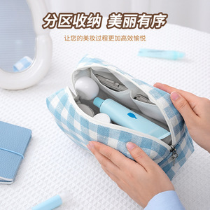 Speed And Constancy Cosmetic <b>Bag</b> Blue Checkered Travel Makeup Case <b>Small</b> Portable <b>Toiletry</b> Pouch - Product Image 2