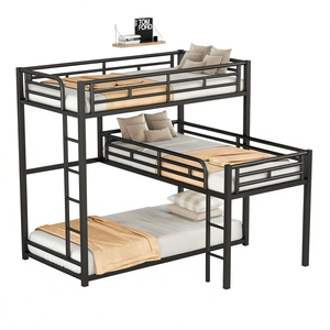 Lit superposé triple en métal en forme de L, design moderne pour chambre à coucher ou salon, cadre noir (modèle D0100HP2KUA) - Product Image 1