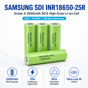 Batterie <span class=keywords><strong>Samsung</strong></span> 18650 <span class=keywords><strong>INR18650</strong></span> <span class=keywords><strong>25R</strong></span> 2500mAh 30A 3.7V rechargeable, cellule de batterie lithium-ion cylindrique 8C à décharge rapide 18650 <span class=keywords><strong>Samsung</strong></span> - Product Image 1