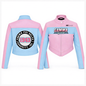 Chaqueta de Cuero PU de Alta Calidad para la Hermandad Gamma Phi Delta GPD, Corte Ajustado, Estilo Racing, Personalizable con Cualquier Logotipo - Product Image 1