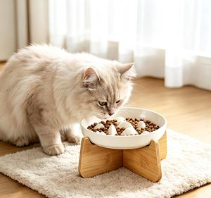 Comedero Elevado para Mascotas OEM ODM, Tazón de Cerámica de Lujo para Gatos con Alimentación Lenta y Soporte de Bambú - Product Image 1