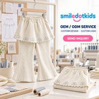 Smiledotkids Pantalon évasé personnalisé pour enfants, broderie marguerite crème, taille peplum, tricot doux, OEM ODM, vente en gros pour petites filles