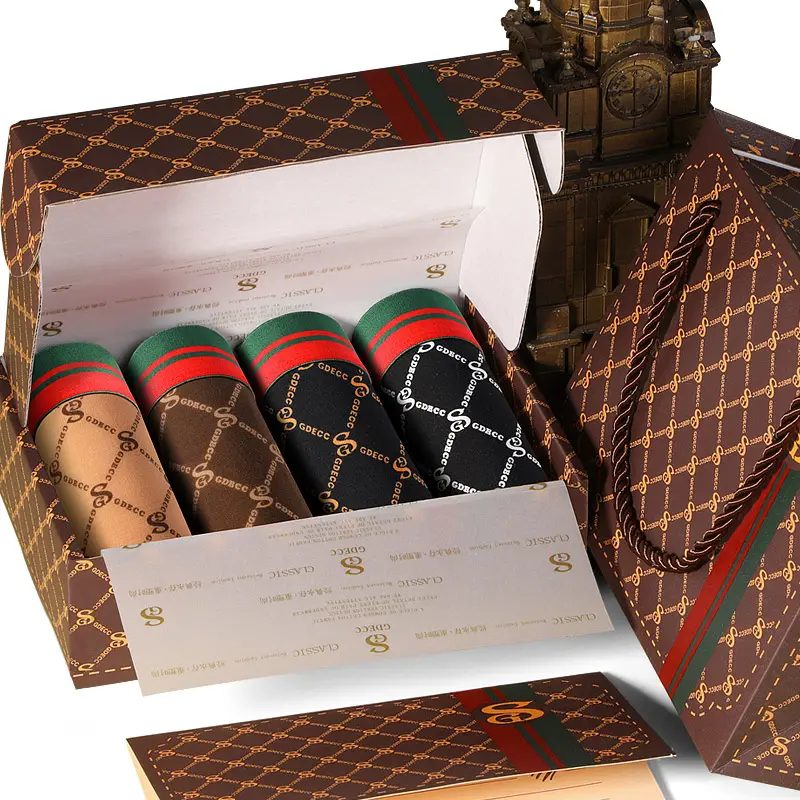 Harga pabrik 4 buah celana boxer pria dewasa ramah kulit katun coklat dasar mewah dengan kotak hadiah