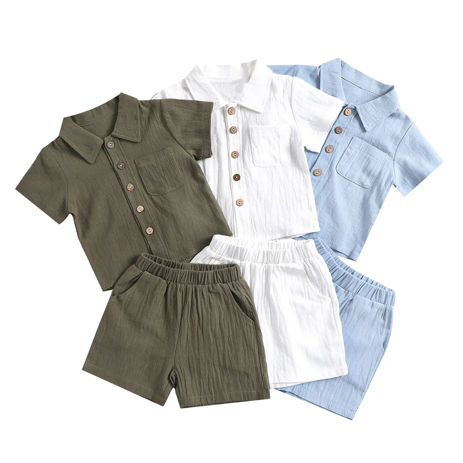 Atacado Verão Algodão E Linho Casual Short Sleeve Lapel Kids Polo Camisas Solid Color Boys Clothing Set