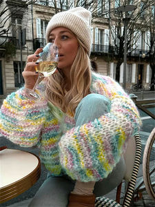 2023 hiver lanterne manches arc-en-ciel ample Y2K tricoté Crochet décontracté hauts courts grande taille femmes Cardigan <span class=keywords><strong>pull</strong></span> - Product Image 4