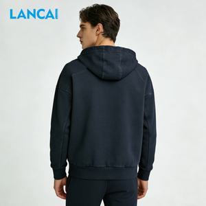 Sudadera con capucha Lancai para hombre, de alta calidad, OEM/ODM, gris liso, con estampado de letras personalizado, con cremallera, lavado ácido, estilo urbano, extragrande - Product Image 4