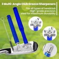 Kit de nettoyage de clubs de golf 7-en-1 : Affûteur de rainures U&V, brosse, serviette, pochette pour nettoyeur de balles et pochette pour tees – Ensemble d'accessoires de nettoyage pour clubs de golf