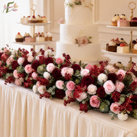 Chemin de table floral artificiel en soie personnalisé pour mariage et Noël, arrangement de fleurs mélangées rouge bordeaux fait main