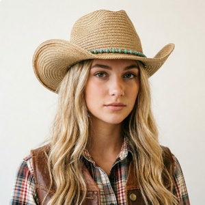 Wholesale Custom <b>Western</b> Beaded Band Wide Brim Straw Cowboy <b>Hat</b> for Men Women Summer Beach Festival Outdoor - Product Image 3