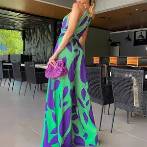 2024 Lady's Casual Fitness Jumpsuit Sleeveless Big Swing Halter Printed Purple High Fanny Pack Foreign Trade Spring Temperament