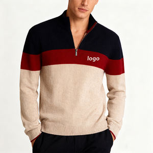 Pull en laine 100% tricoté pour homme, col roulé, rayé, côtelé, avec demi-fermeture éclair, conception de logo personnalisée OEM ODM - Product Image 6