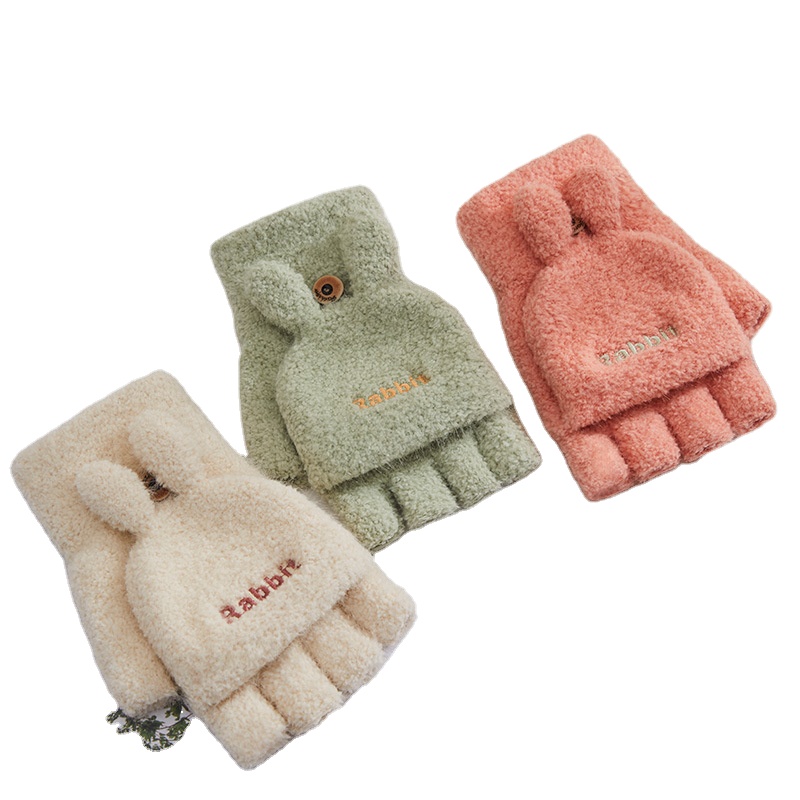 Новые стильные мягкие теплые зимние перчатки на полпальца с милым рисунком кролика легкие цветные перчатки для письма для девочек
