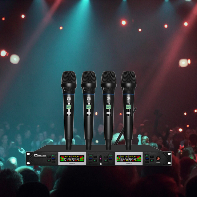 4 Channel Wireless Microphone System Uhf for Singi Rechargeable Microphone System Pro Audio for Meeting, Wedding, Home KTV Set