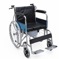 Fauteuil roulant manuel avec fonction de toilette, cadre en acier chromé, roue arrière pleine de 24 pouces, frein intégré, aide à la mobilité