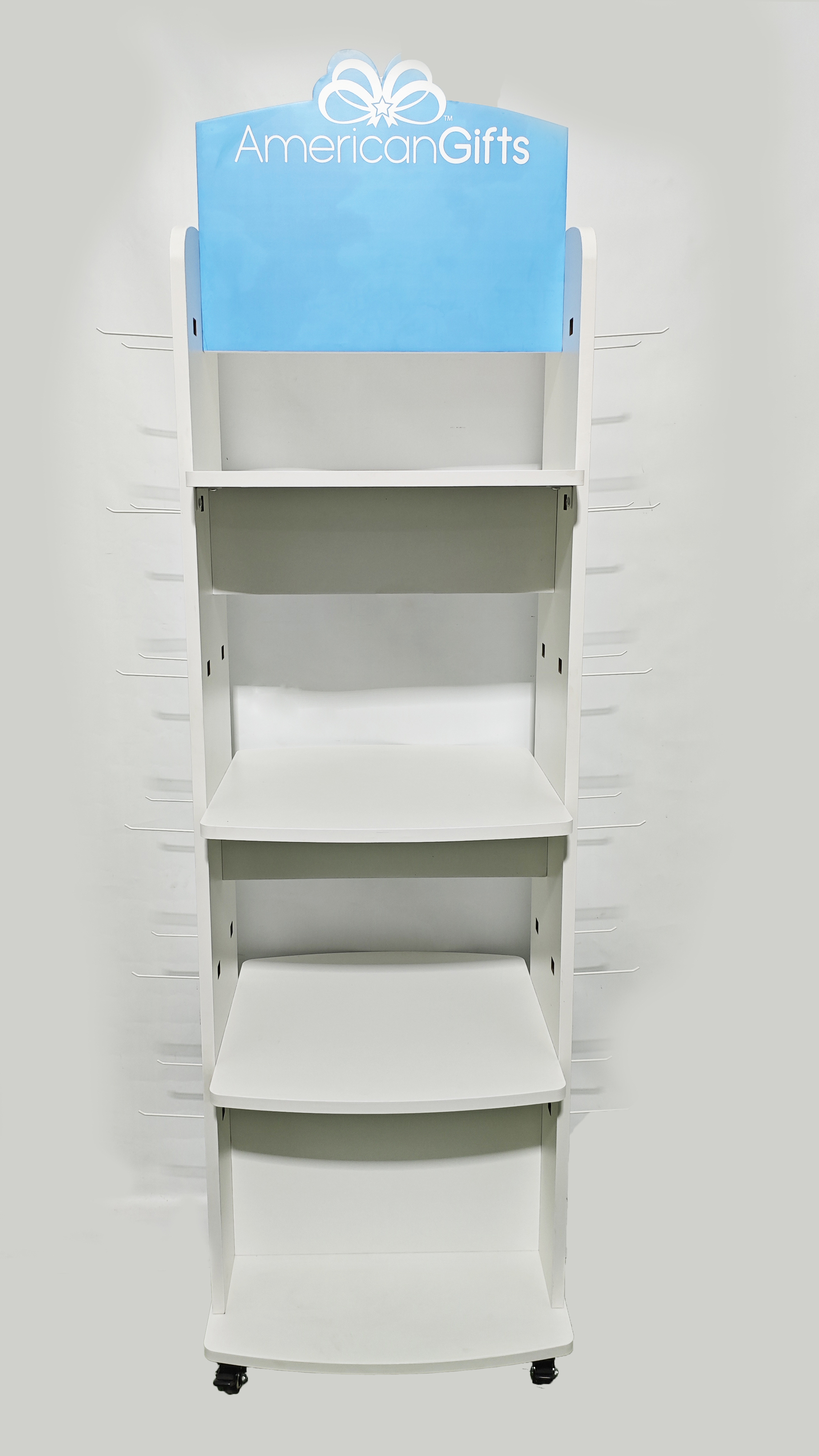 Beverage Bottle Wood Display Racks 4 Tier Wooden Shelf with Side Hooks and Caster — view 4