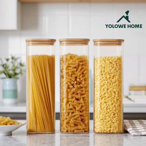 YOLOWE家居现代50盎司玻璃储物罐方形木制竹盖标志厨房餐具室食物派对储物容器蜂蜜 - Product Image 4