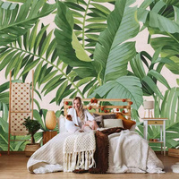 Wallpaper Daun Palem Pisang Tropis Mura Wallpaper Alam Kustom untuk Dekorasi Dinding Latar Belakang Ruang Tamu Kafe Hotel Kamar Tidur