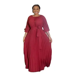 Manufacturer Sun Pleated Plain Women's Plus Size Long Solid Pleated Floor Length Belted Dresses