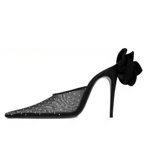 Sandalias de tacón de aguja con punta fina y diseño floral trasero para mujer, talla grande 45, con diamantes, de malla, ajuste ancho, tipo mule y deslizables - Product Image 5