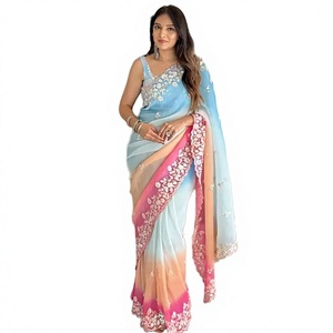 Sari de Mujer sin Coser, con Adornos de Perlas y Lentejuelas, de Georgette de Poliéster Elástico, Largo hasta el Suelo, para Bodas y Fiestas de Invierno - Product Image 4