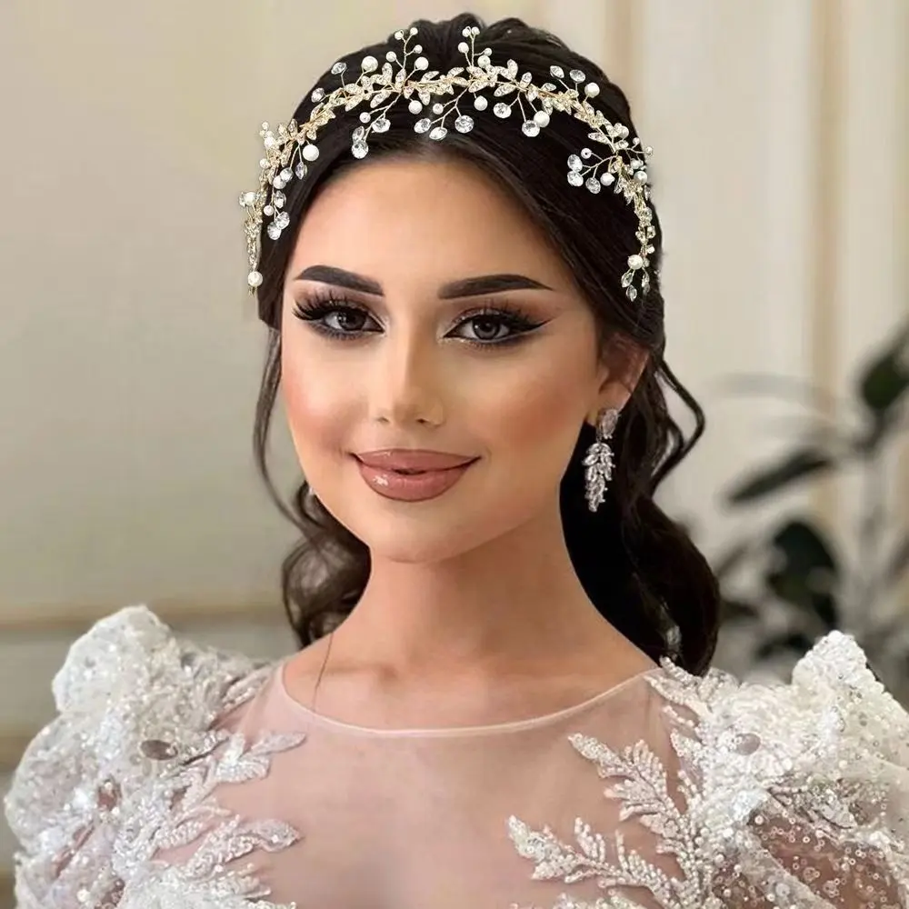 Ornamen rambut pernikahan wanita, hiasan kepala berlian imitasi pengantin tiara daun Aloi untuk perempuan