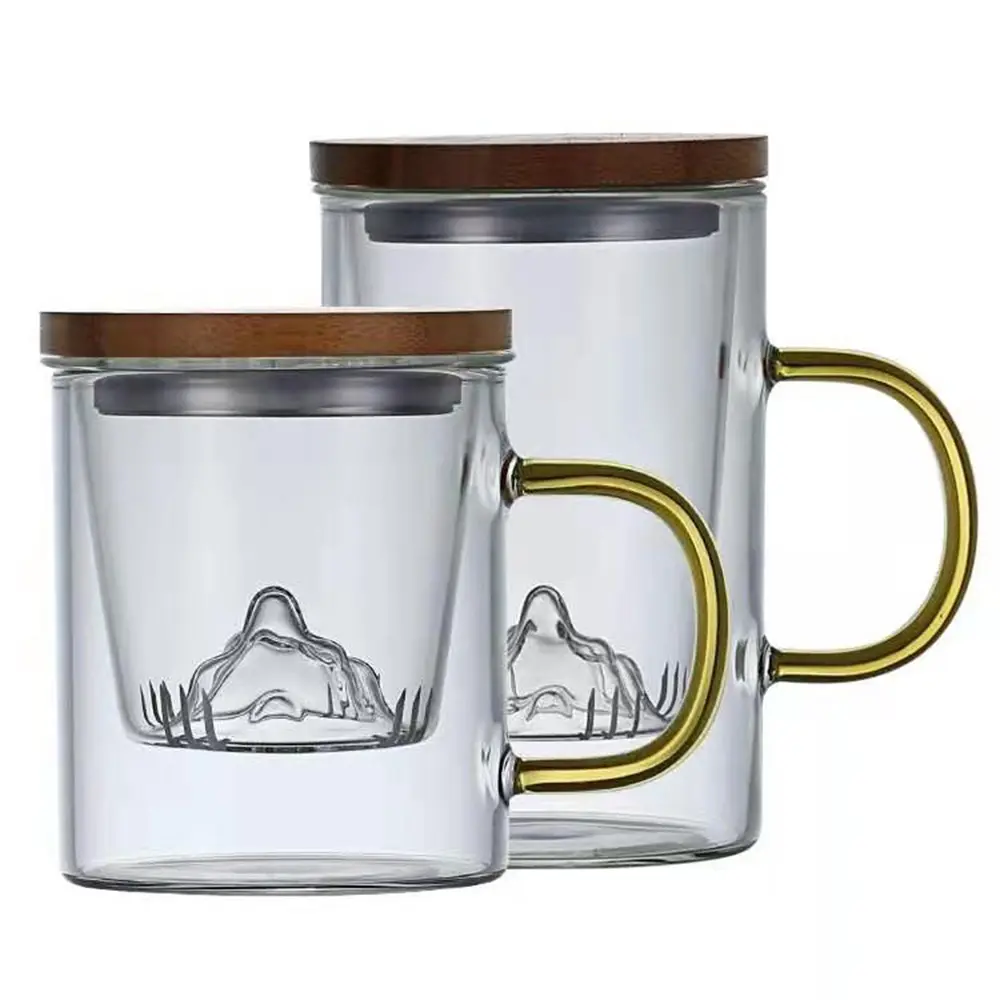 Glass Mountain Cup High quality glassware clear glass flower cup with handle and wooden lid