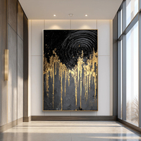 Peinture à l'huile abstraite noire et or de luxe, art mural minimaliste en feuille d'or pour maison moderne