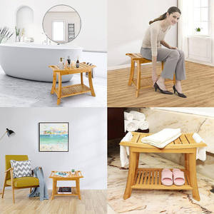 Tabouret de douche en bambou avec étagère de rangement à 2 niveaux, meuble de salle de bain antidérapant pour adultes et personnes âgées - Product Image 4