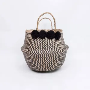 High Quality Vietnam Seagrass Belly <b>Basket</b> Natural <b>Plastic</b> Storage Organizer Colorful Pompoms for Home Laundry Daily Storage - Product Image 1