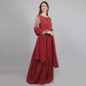 Elegante Vestido de Mujer de 1 Pieza con Dupatta Color Marrón con Cuentas, Lentejuelas y Perlas - Product Image 1