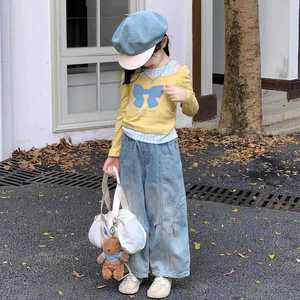 Tongxingyuan Girls' Faux Two-Piece <b>Bow</b> Off-Shoulder Top Cotton Poplin Spring Autumn Children's T-Shirt - Product Image 3