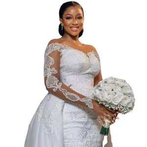 African Mermaid Wedding Dress Long Sleeve Nude Mesh Vintage <b>Lace</b> Bridal Gown With Large Train Pure <b>White</b> Ivory - Product Image 4